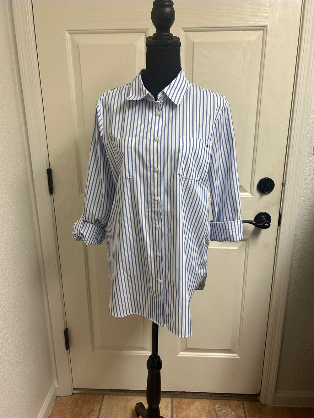 Tommy Hilfiger blue,white striped button-down shirt, roll-tab sleeves. Medium